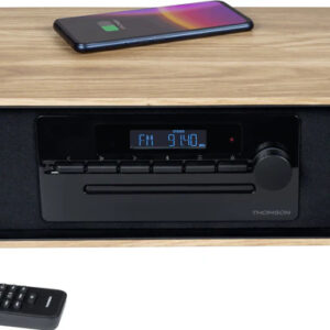 THOMSON SOUND SYSTEM BT/DIG. FM/CD/USB PLAYER 60W QI CHARGER EQ REMOTE WOOD/BLACK MIC123BT
