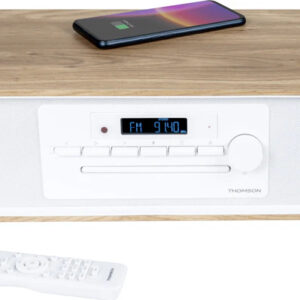 THOMSON SOUND SYSTEM BT/DIG. FM/CD/USB PLAYER 60W QI CHARGER EQ REMOTE WOOD/WHITE MIC121BT